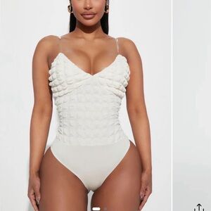 Fashion Nova Love Game Bodysuit Cream Textured Bodysuit